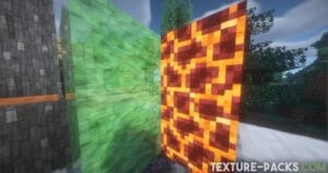 A slime and lava block showcasing the new demo from the Default HD texture pack