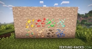 A stone wall showcasing all Minecraft ores with detailed textures using the Default HD texture pack