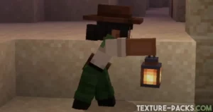 Explorer crouching with a lantern in hand, with movement enabled by the Actions and Stuff texture pack.