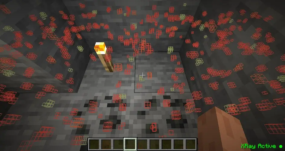 Activated XRay mod highlighting hidden underground ores with red outlines.