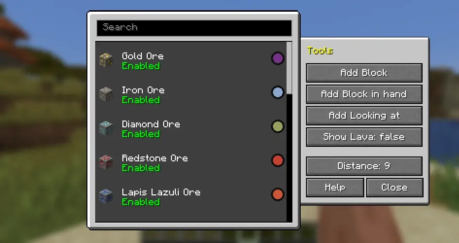 XRay Mod menu displaying optimal settings for enhanced block detection.