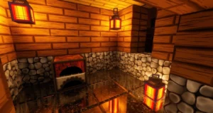 Cozy room with a wooden wall, three lamps, and a furnace on a reflective floor.