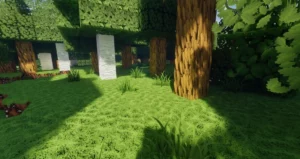 Oak trees made of POM blocks standing on lush green grass in Minecraft.