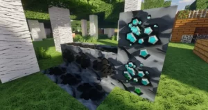 Diamond and coal ores next to birch trees in a Minecraft forest.