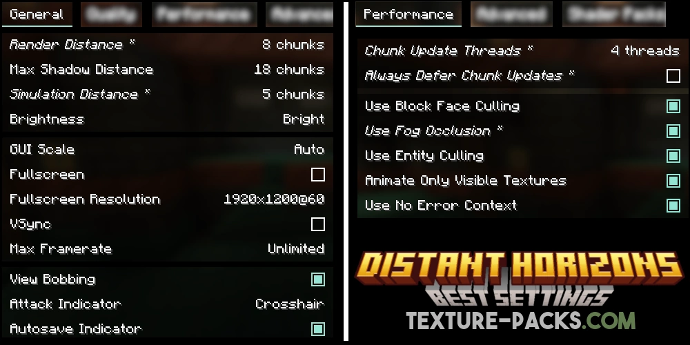 Best settings for Distant Horizons chunks in the General and Performance settings.