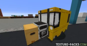 Sniffer depicted as a yellow forklift driving down a street in Minecraft.