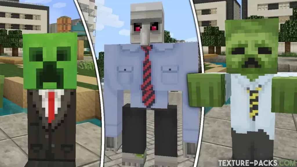 Creeper in a suit, Iron Golem with a tie, and Zombie in a shirt from the City texture pack.