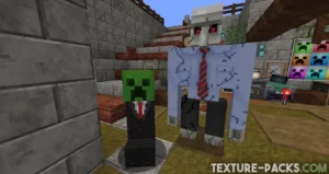 Creeper in a black suit with a red tie standing next to an Iron Golem wearing a light blue shirt and a black and red checkered tie.