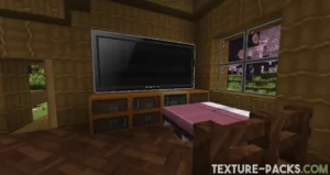 A bedroom with a pink double bed and a television placed on bookshelves from the City texture pack.