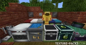 Futuristic utility blocks with gold armor in the background set against a brick wall in Minecraft.