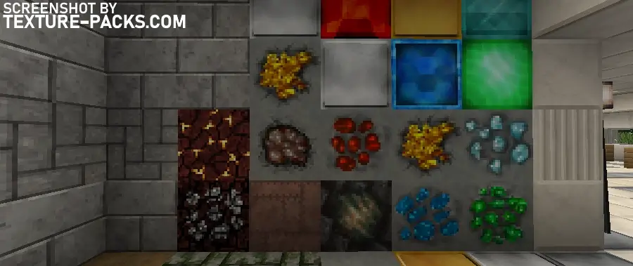 All Minecraft ores displayed with the City texture pack.