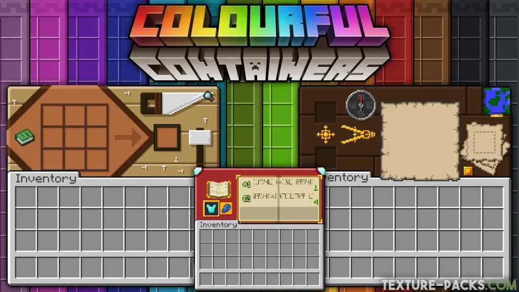 Colorful and modern GUIs of the crafting table, enchanting table, and cartography table.