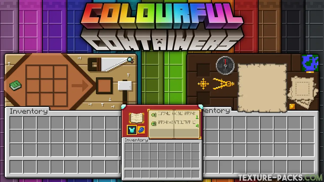 Colorful and modern GUIs of the crafting table, enchanting table, and cartography table.