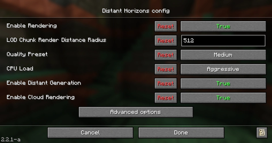 Screenshot showing the recommended Distant Horizons configurations.