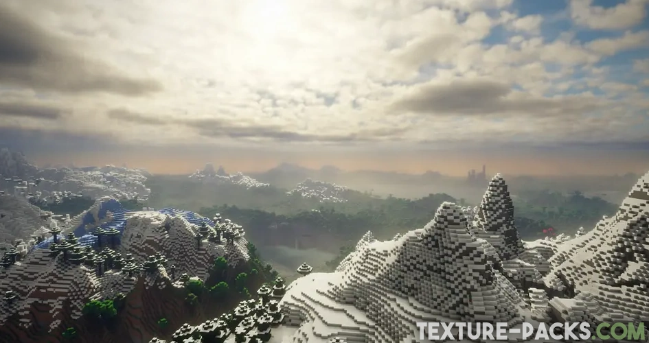 Wide view from a tall mountain in a snow biome with Bliss shaders.