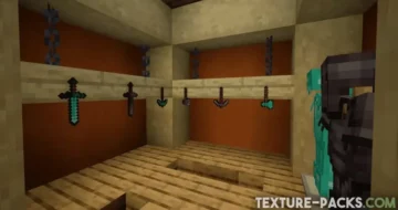 A Minecraft armory in which swords hang on the wall without an item frame