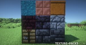 Screenshot of nine Minecraft blocks with PBR effect and shader pack enabled