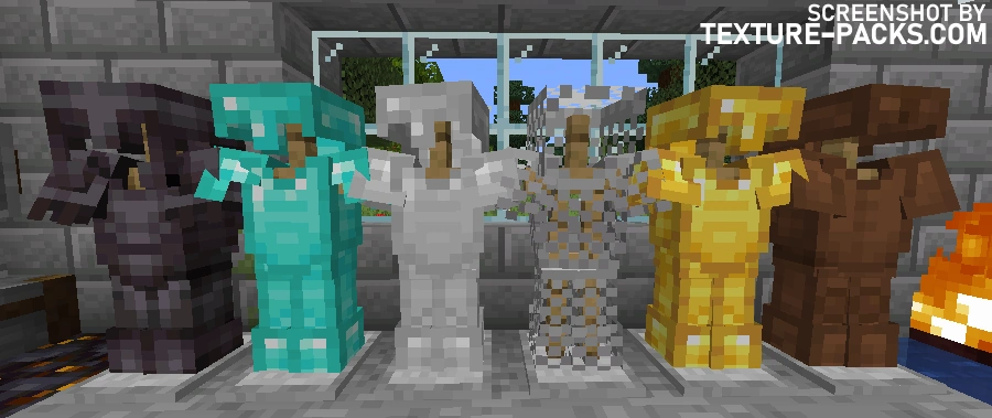 All default Minecraft armor sets on armor stands.