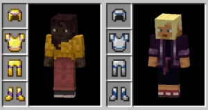 Gold and iron armor items in inventory, Makena and Kai skins unarmored.