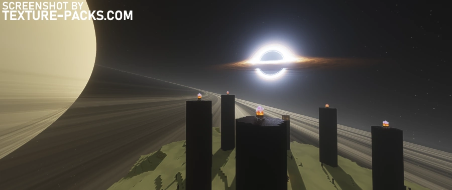 The End sky in Minecraft with Iteration shaders, featuring new planets in the background.