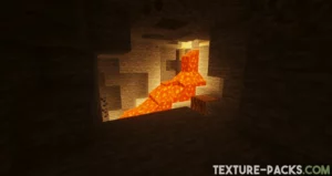 A Minecraft cave illuminated by glowing lava flowing through the rocks.