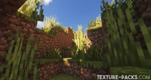 A small trench with grass blocks in Minecraft, featuring beautiful, soft shadows.