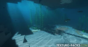 Underwater in Minecraft with realistic light rays and swimming fish.