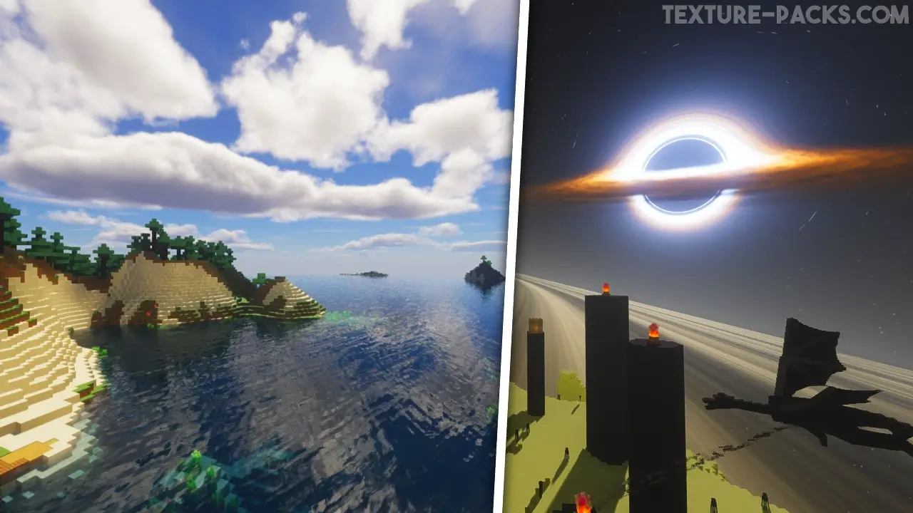 Thumbnail showing Iteration shaders in Minecraft with realistic water and the End sky.