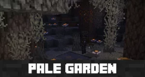 A dark skeleton standing near water in the Pale Garden biome.