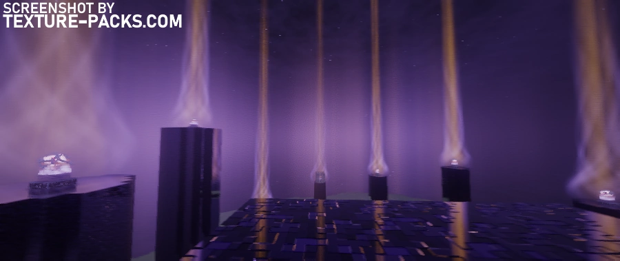 End towers in Minecraft enhanced by Euphoria Patches, featuring glowing fantasy-style beams.