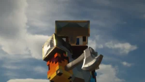 Minecraft player holding an axe and wearing armor from the Optimum Realism texture pack.