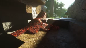 Minecraft cave entrance with realistic flowing lava.