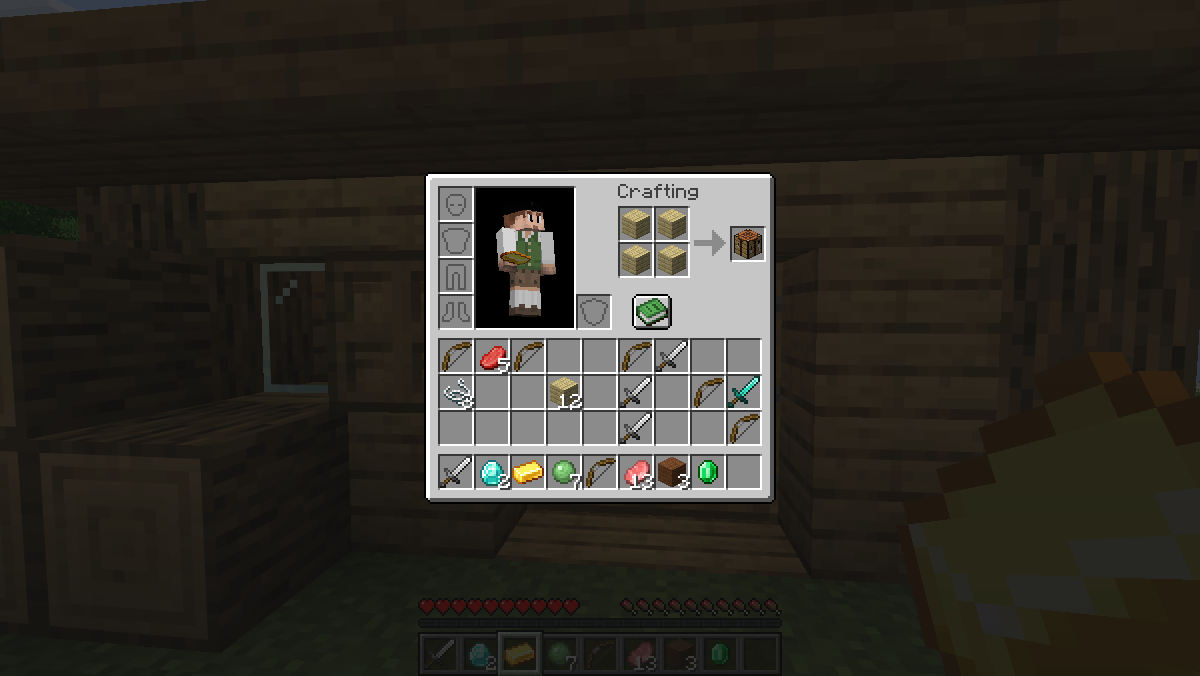 Minecraft survival inventory with default opaque GUI panels in a wooden cabin